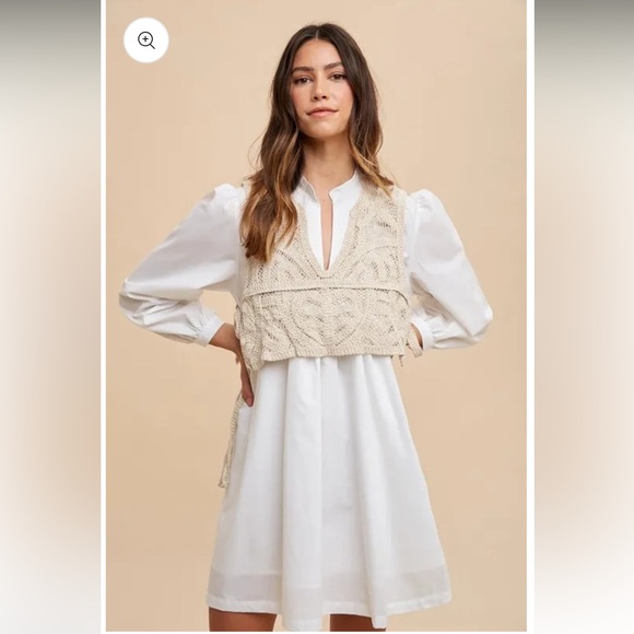 Annie Wear Los Angeles Dresses & Skirts - NWT- Marlow White Long Sleeve dress with removable Crochet Vest